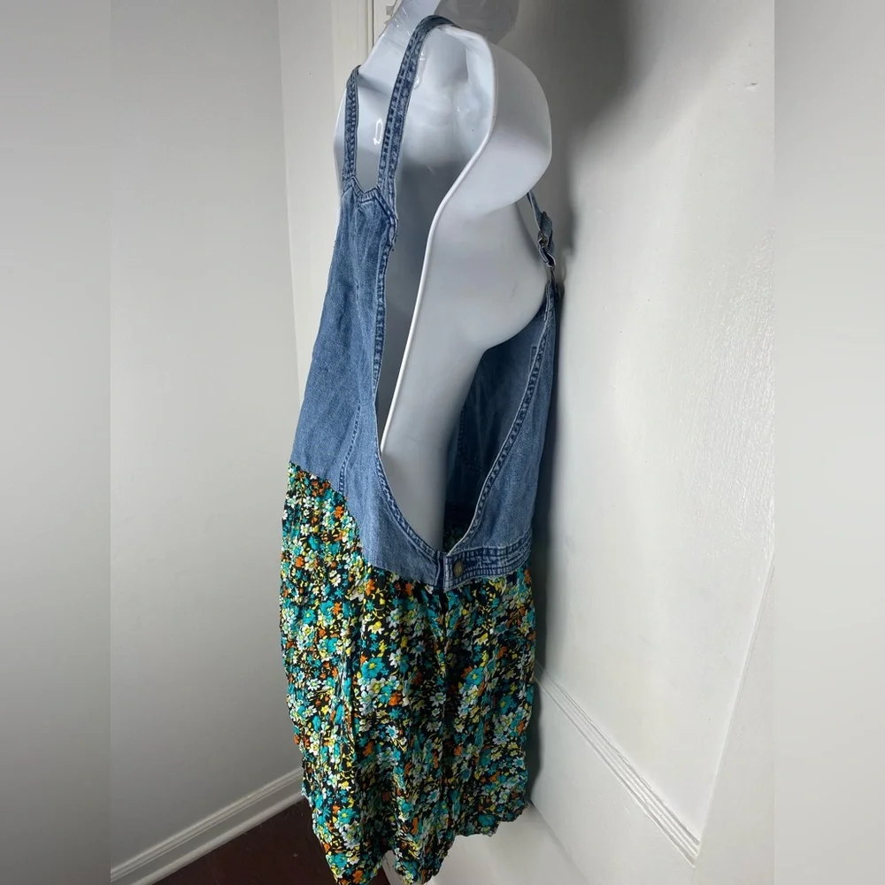 Woolrich Vintage 90s Blue Denim Bib Dress with Teal Floral Skirt Flawed - Picture 4 of 7